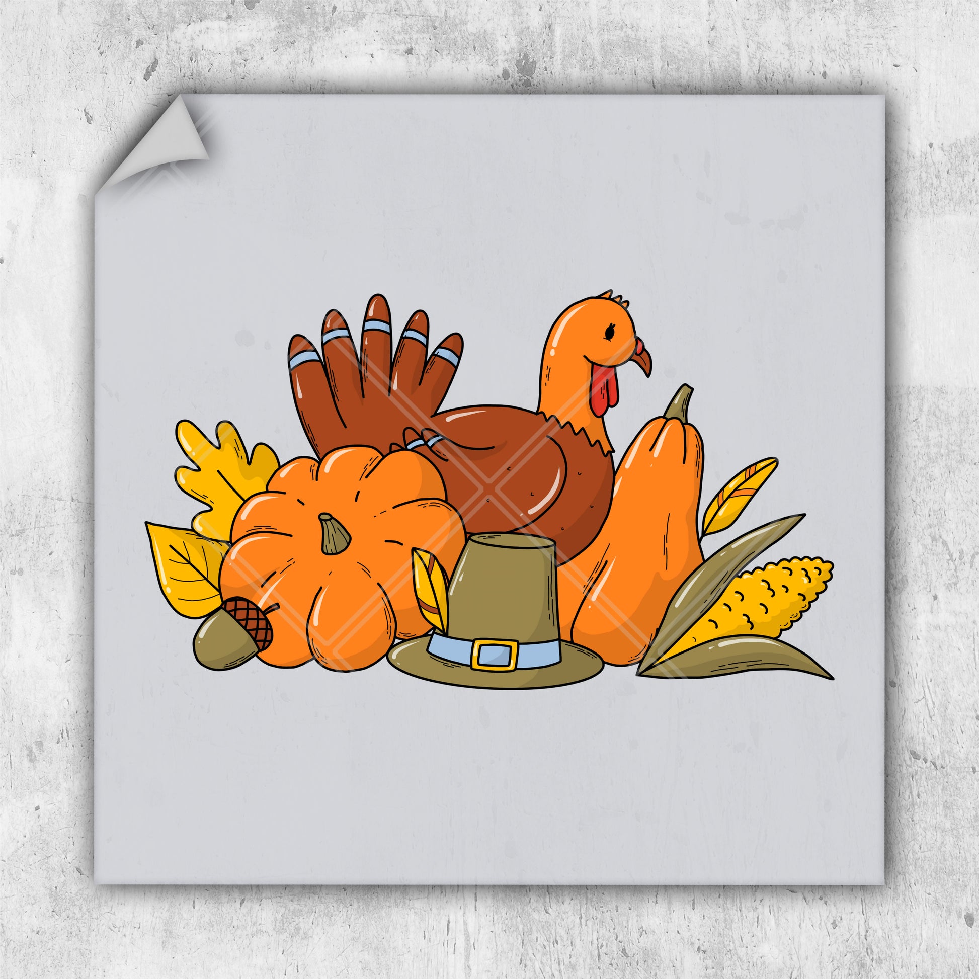 a turkey with a pilgrim hat and corn on the cob