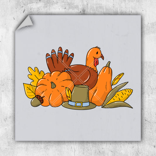 a turkey with a pilgrim hat and corn on the cob