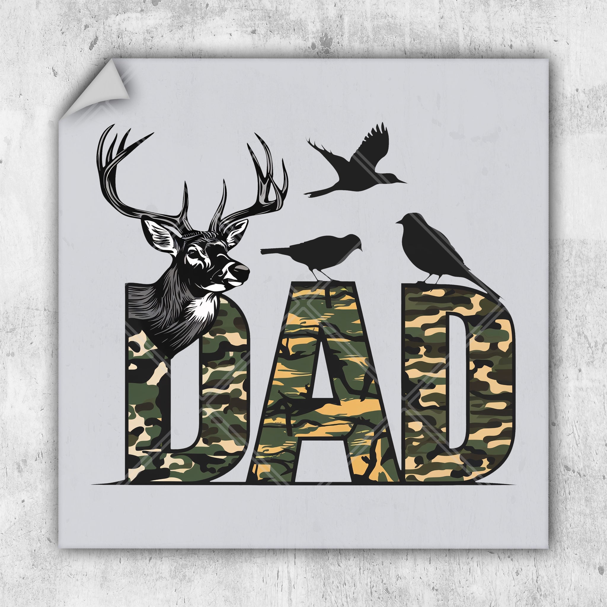 a picture of a deer and birds with the word dad on it