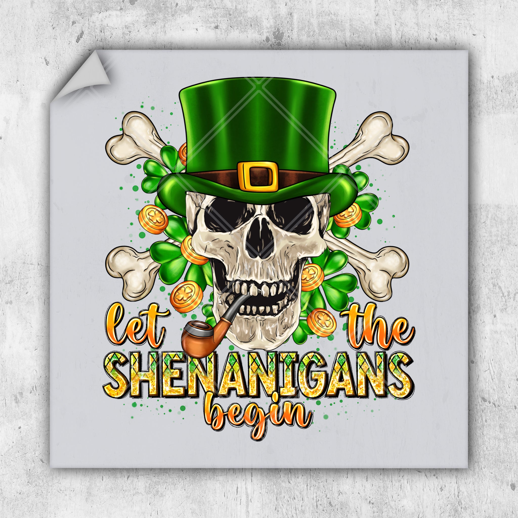 a skull wearing a green hat and smoking a pipe