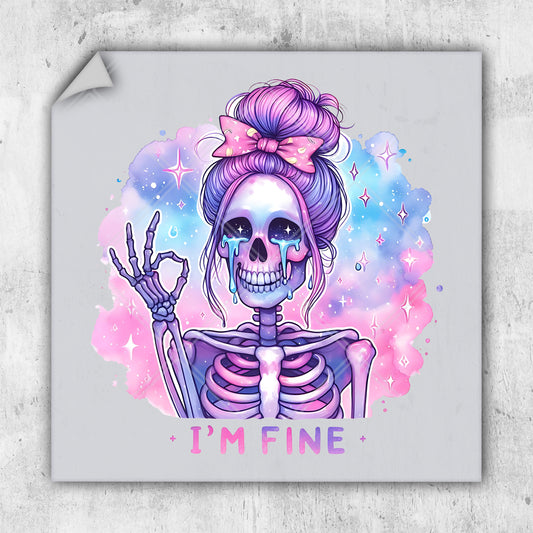 a sticker of a skeleton with a pink bow on her head