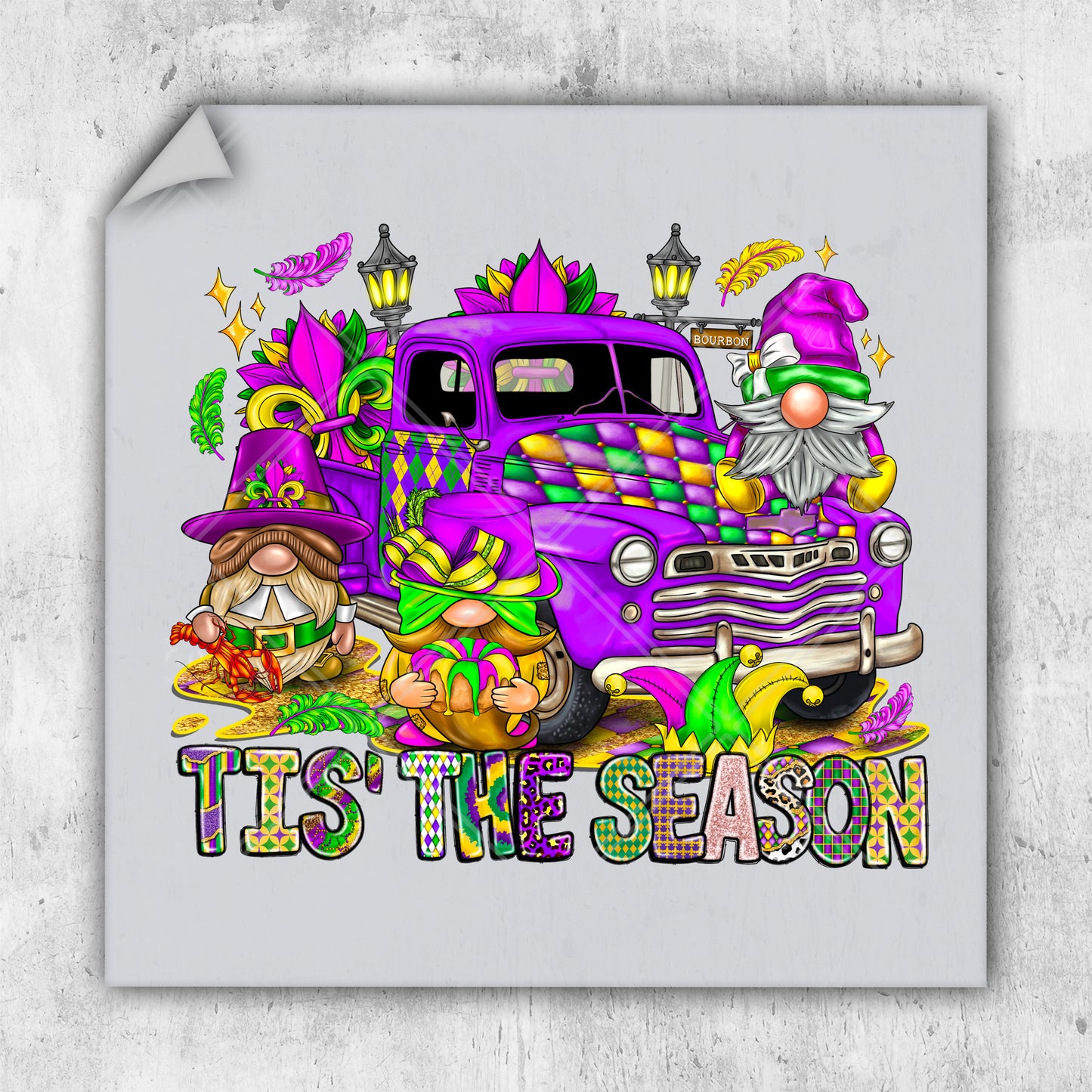 a purple truck with a gnome on the back of it