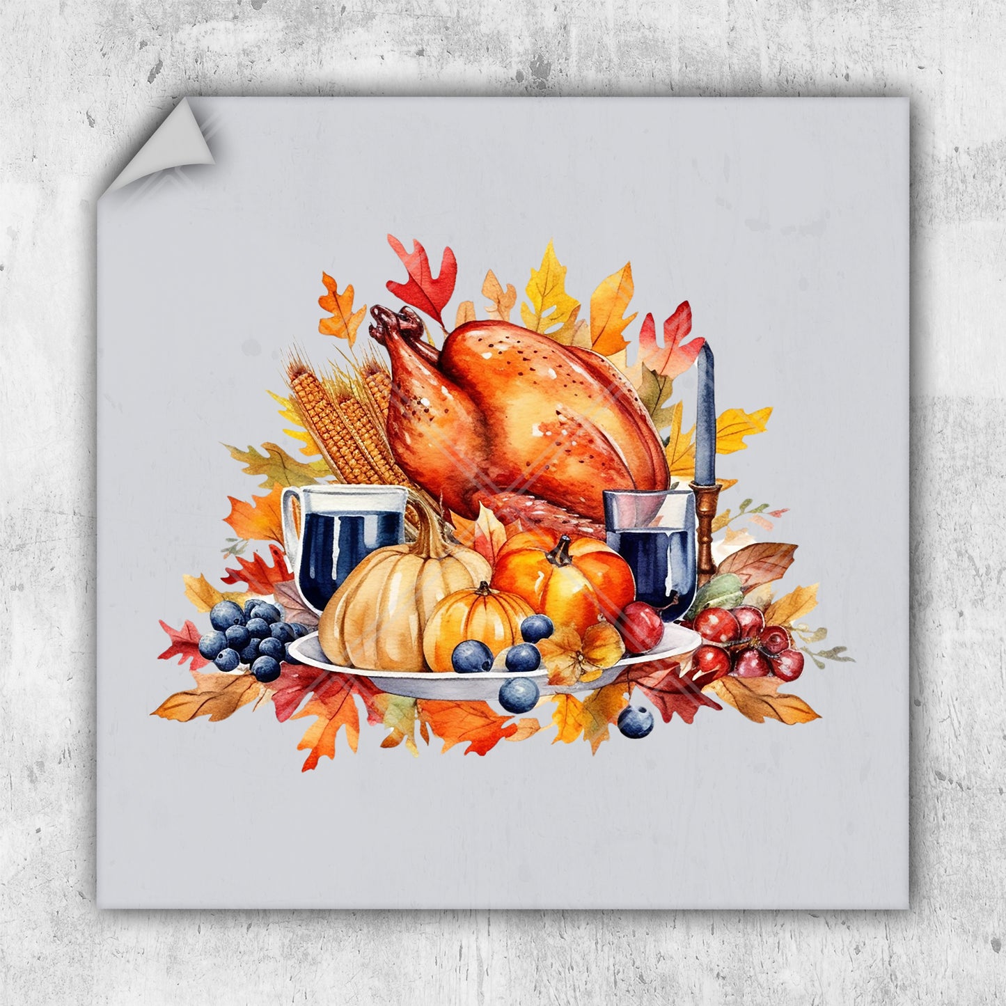 a painting of a turkey on a plate surrounded by autumn leaves