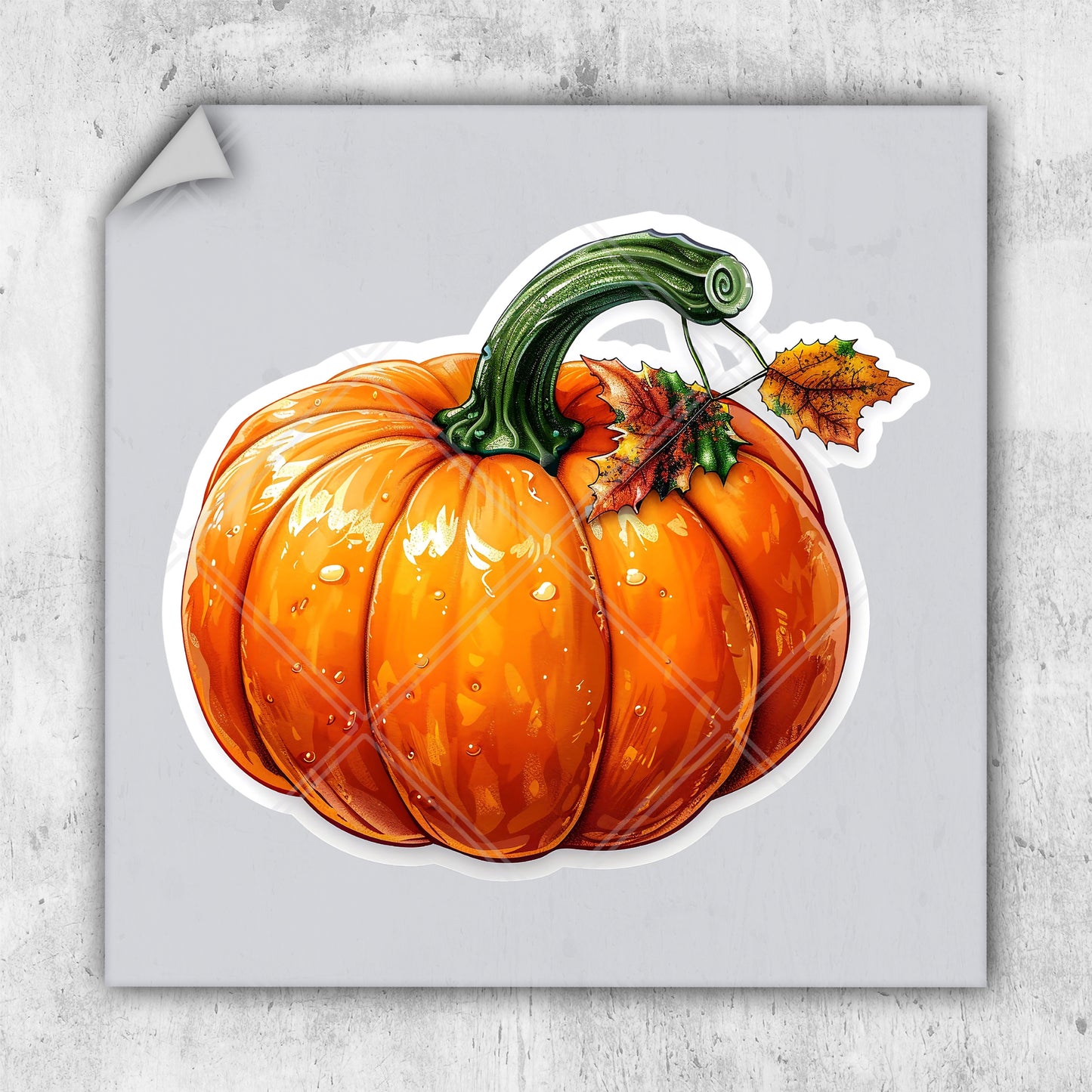 a sticker of a pumpkin with leaves on it