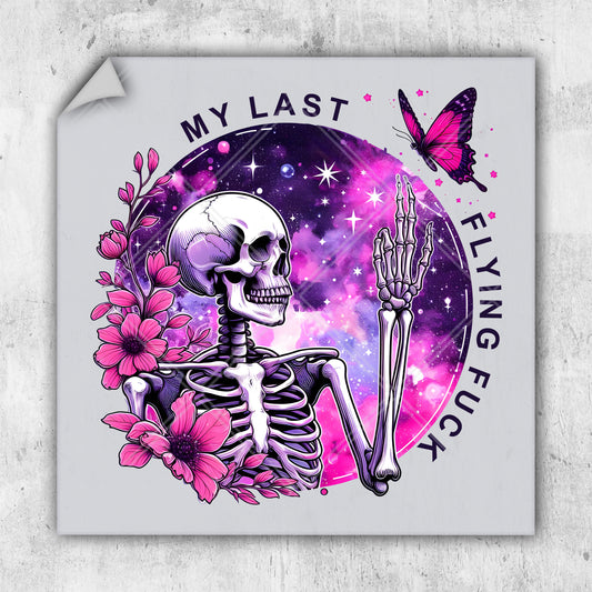 a sticker with a skeleton holding a flower