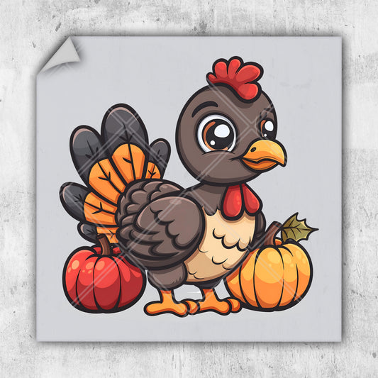 a cartoon chicken holding a pumpkin on a sticker