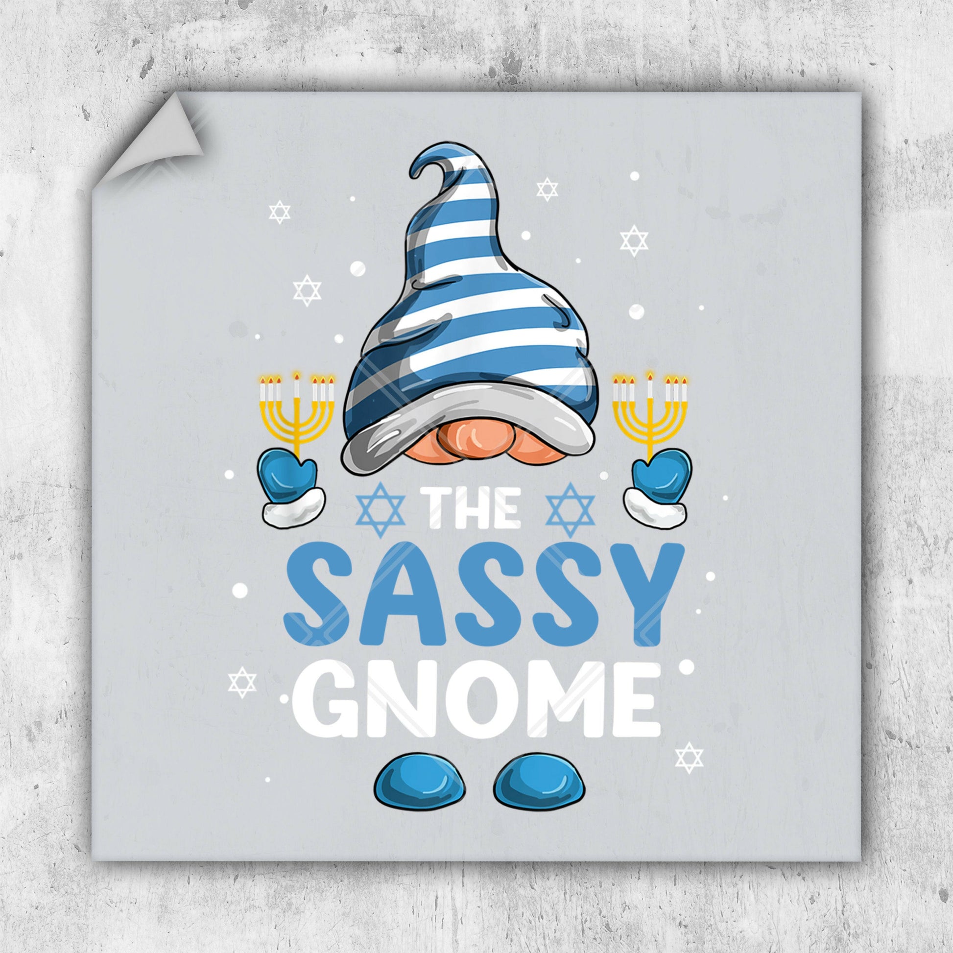 the sassy gnome is wearing a blue and white striped hat