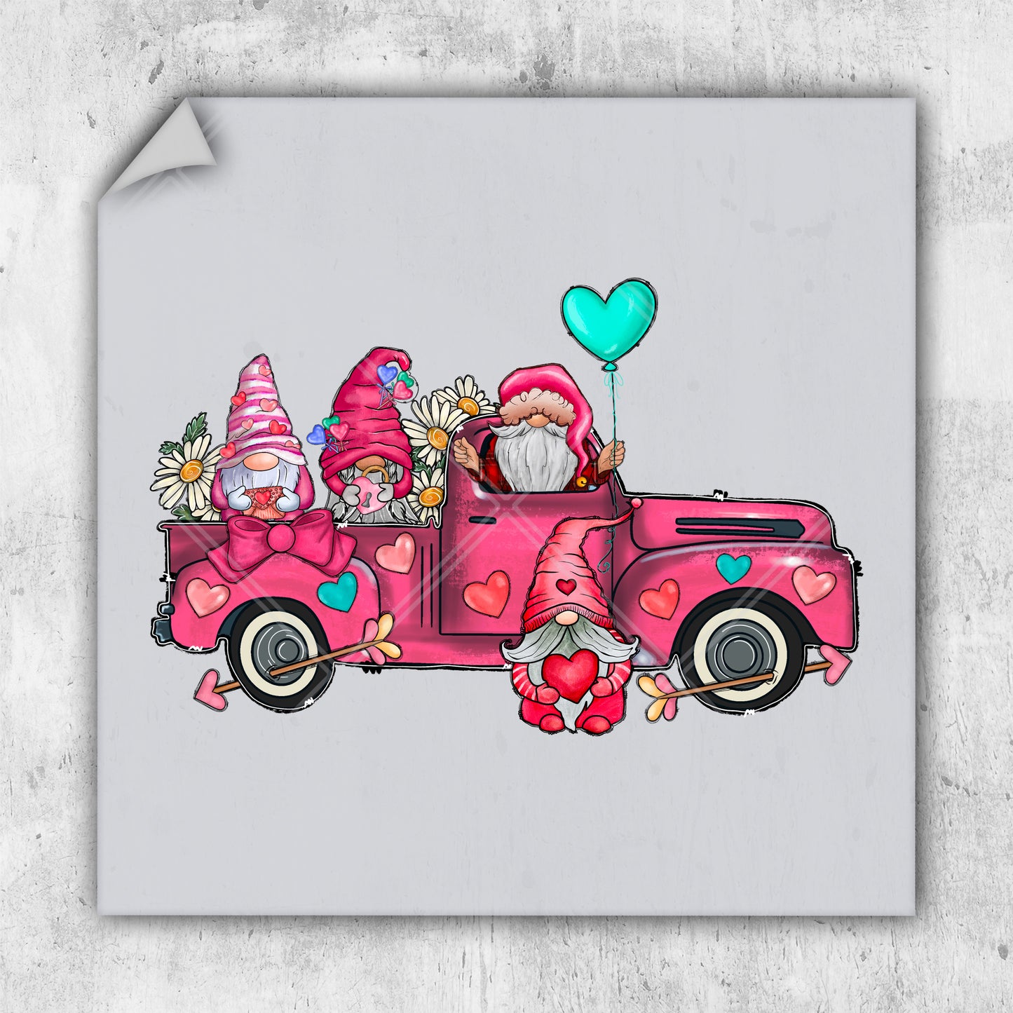 a drawing of a pink truck with gnomes on it