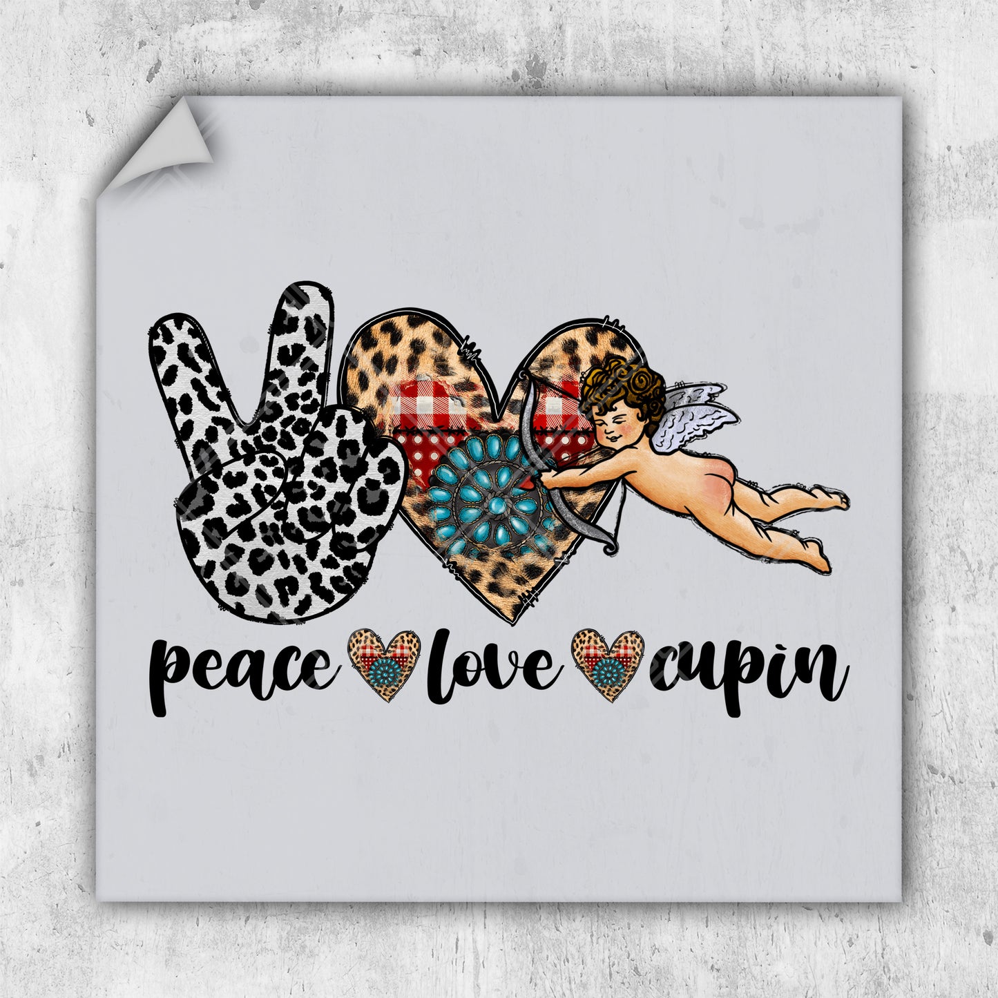 a picture of a peace love and cupid sign