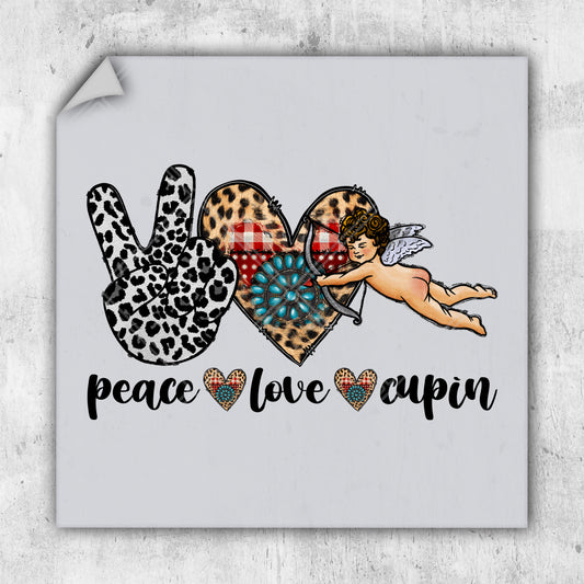 a picture of a peace love and cupid sign