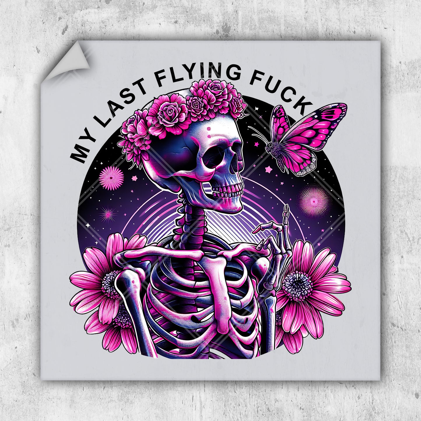 a sticker with a skeleton and flowers on it