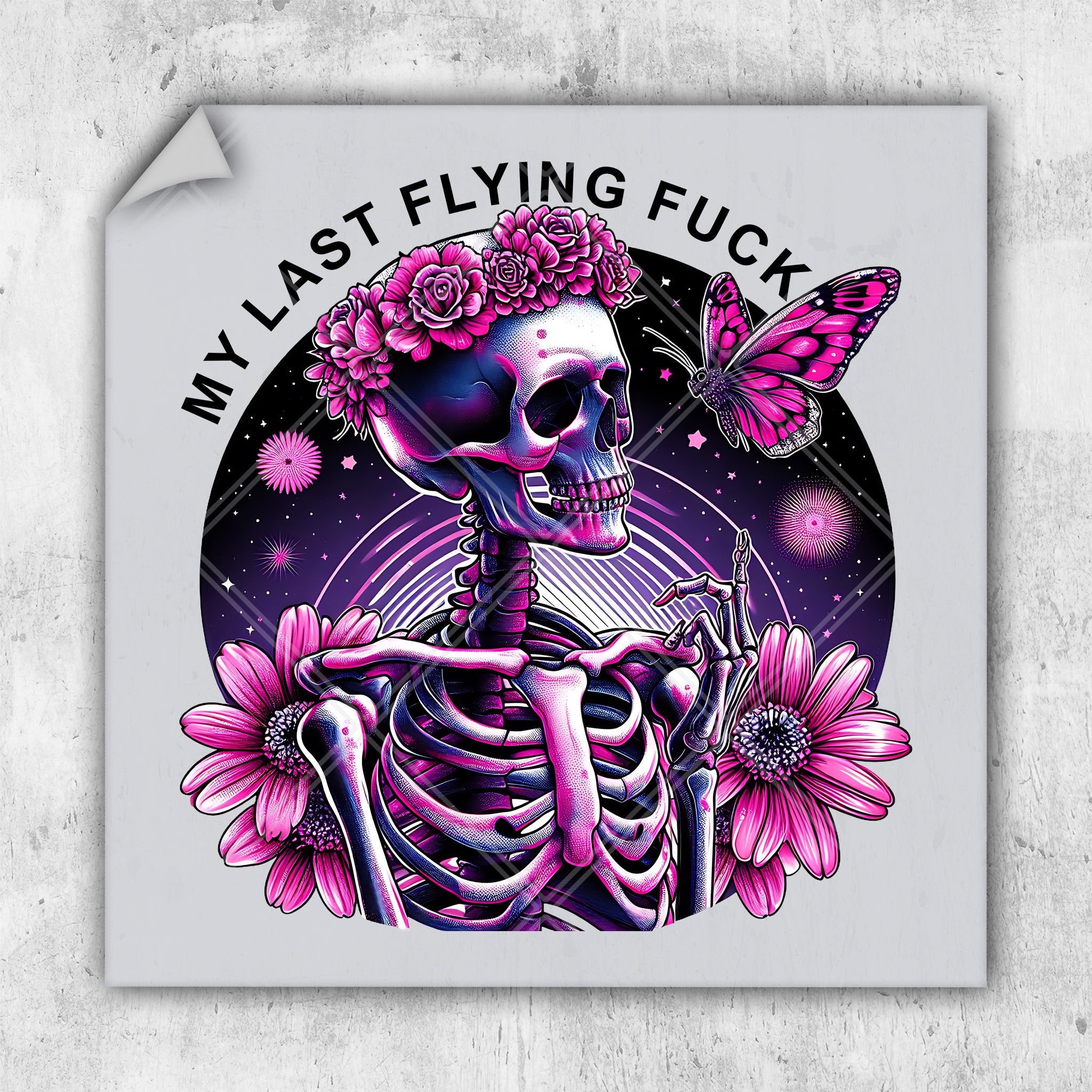 a sticker with a skeleton and flowers on it