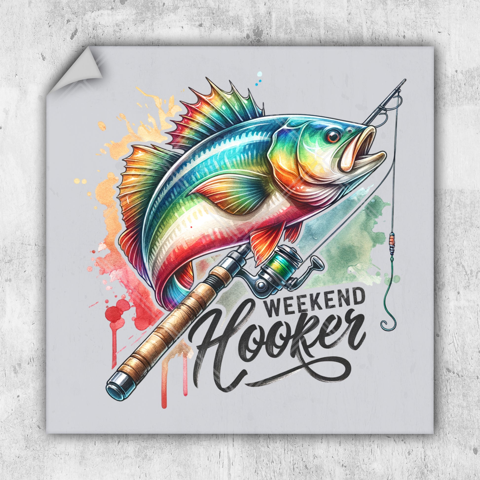 a colorful fish with a fishing rod on it