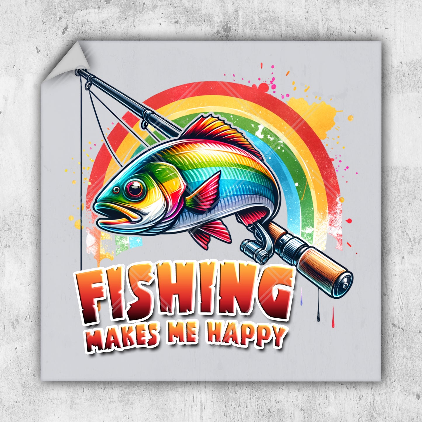 a fish with a fishing rod and a rainbow background