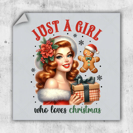 a christmas card with a woman holding a gift