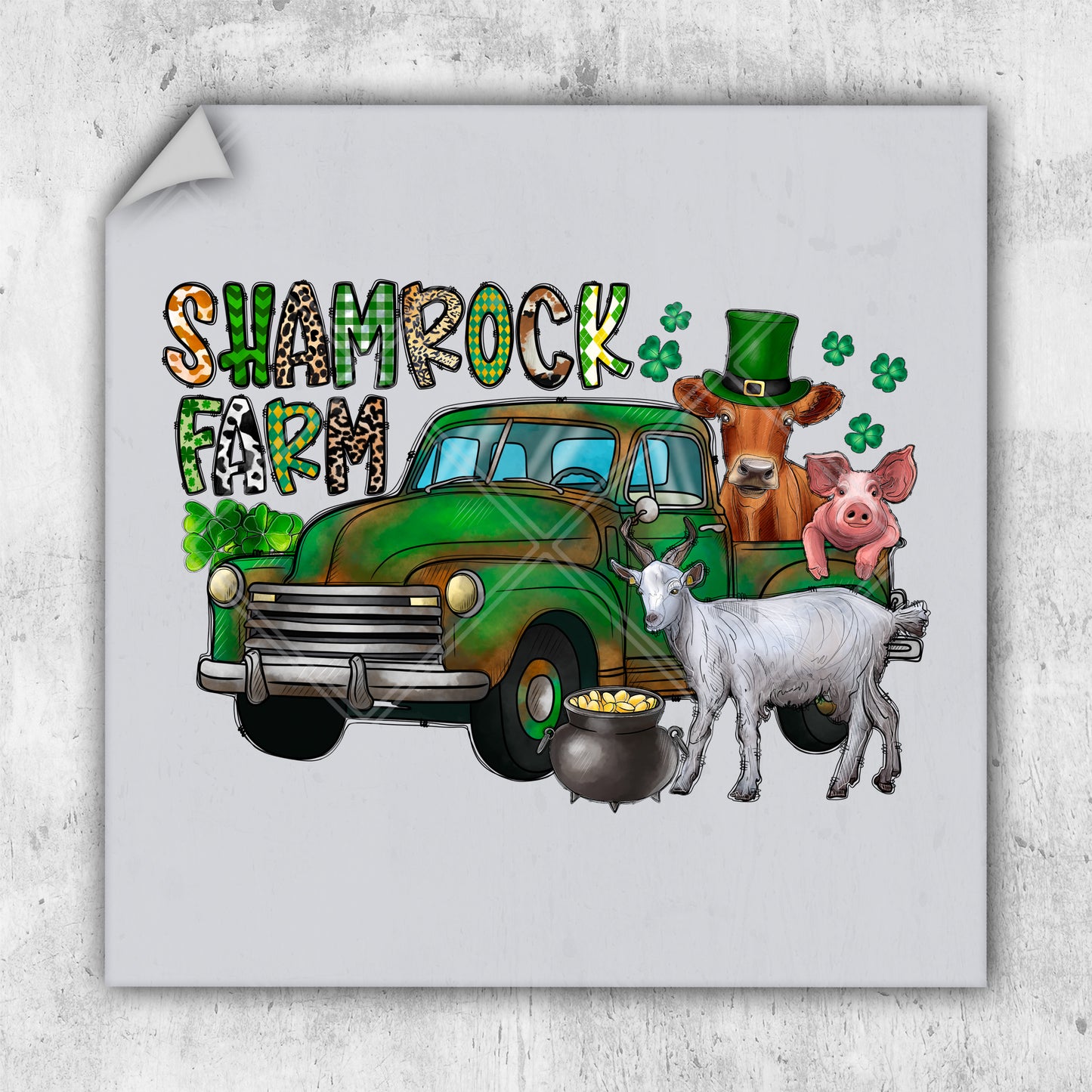 a green truck with a cow and a dog on the back of it