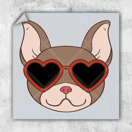 a sticker with a dog wearing heart shaped glasses