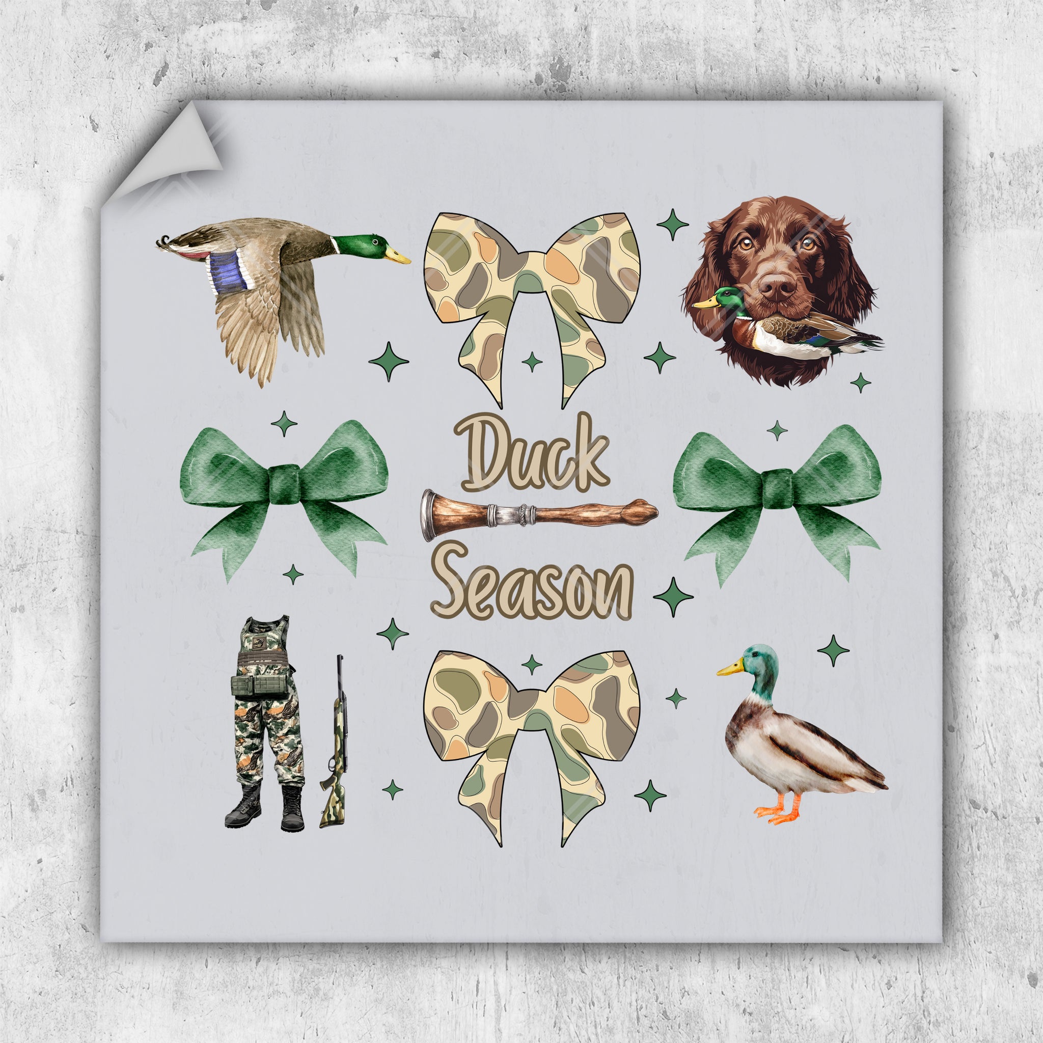 a card with a picture of a duck, duck season, and duck hunting items