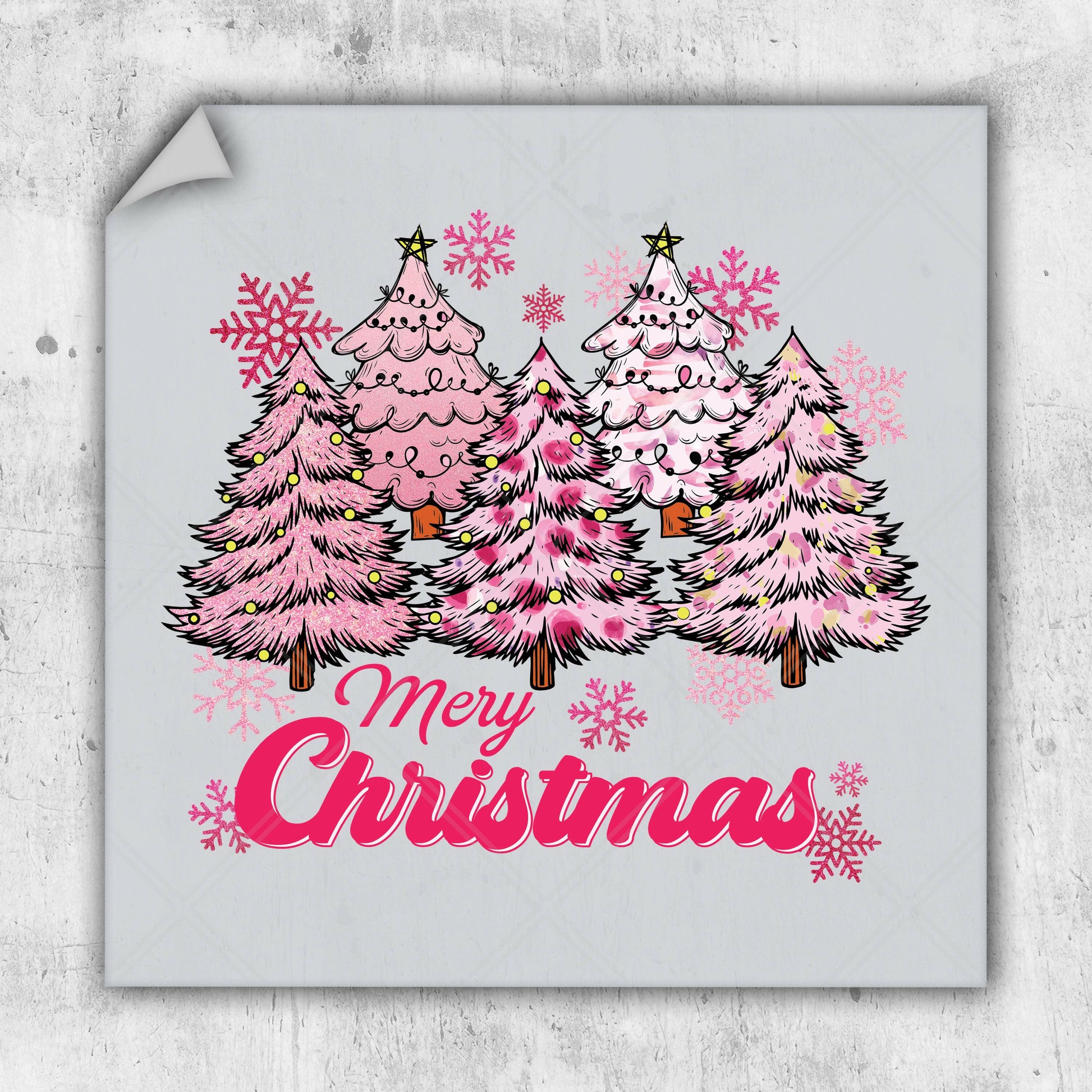 a merry christmas card with three pink trees