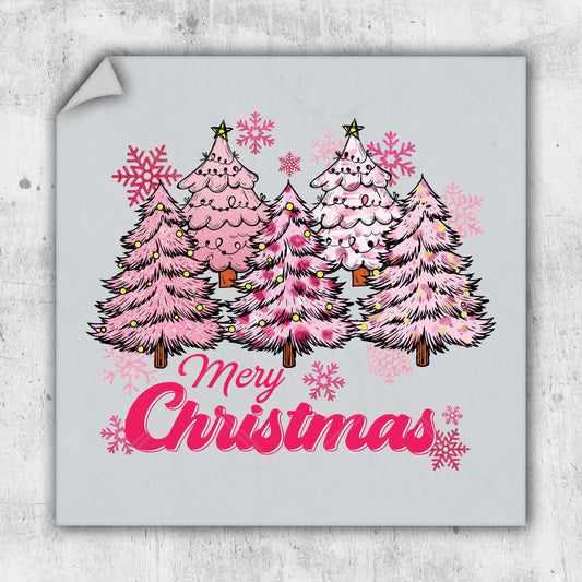 a merry christmas card with three pink trees