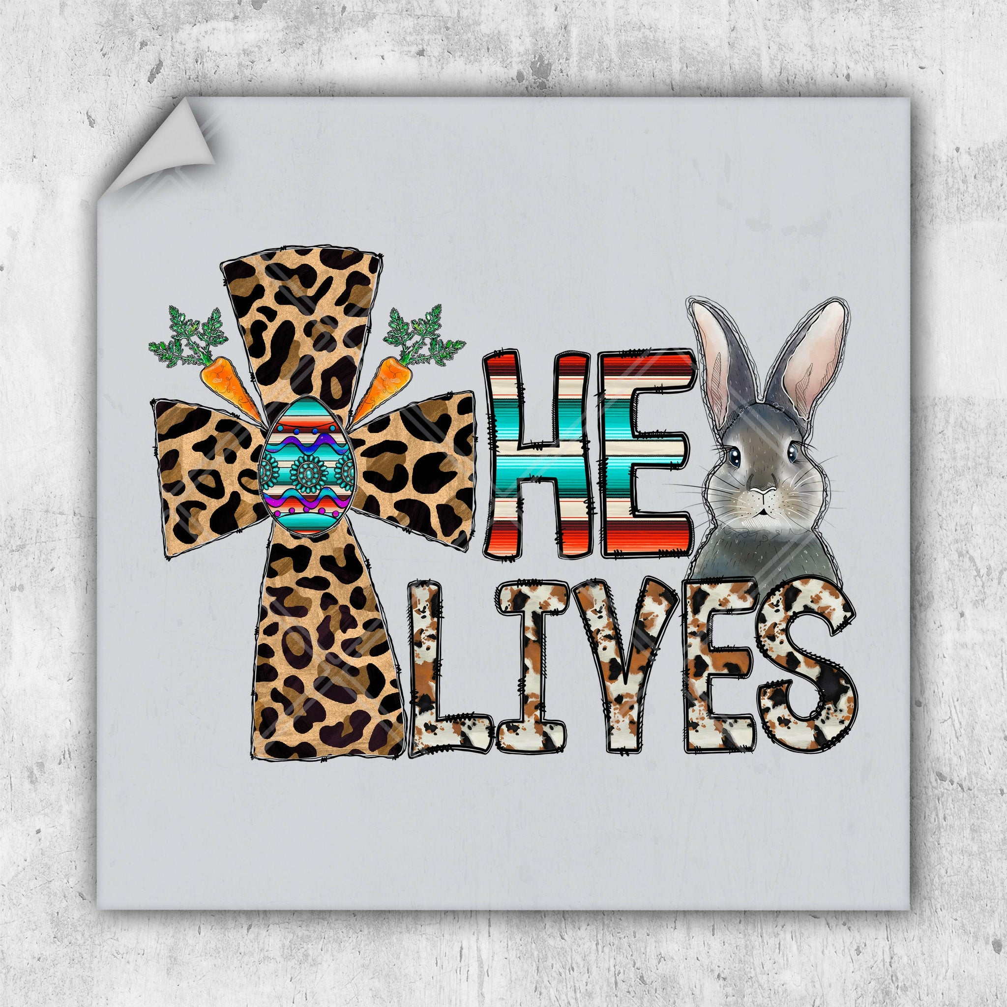 a picture of a rabbit and a cross with the words he lives