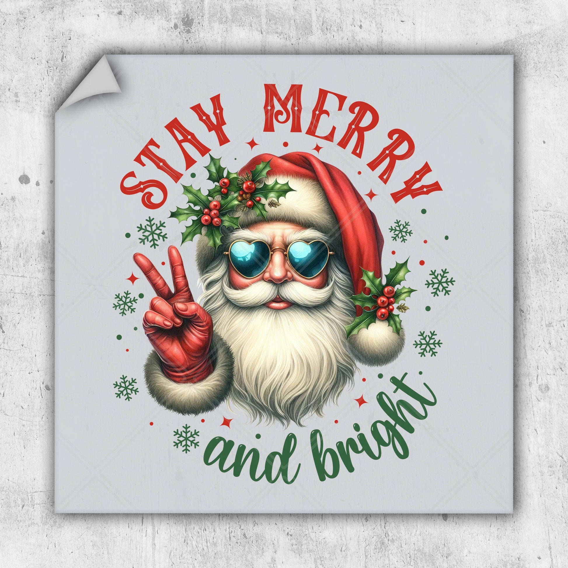 a square sticker with a santa clause holding a peace sign