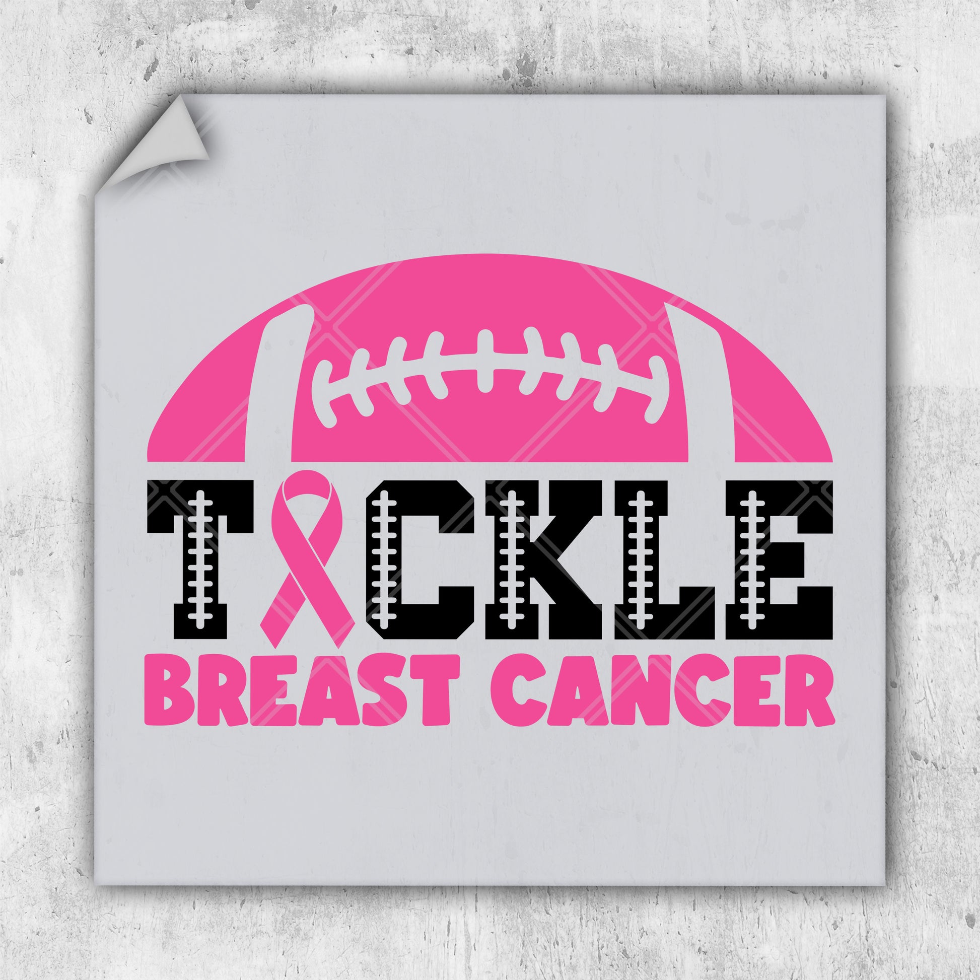 a pink sticker with a football and the words tickle breast cancer