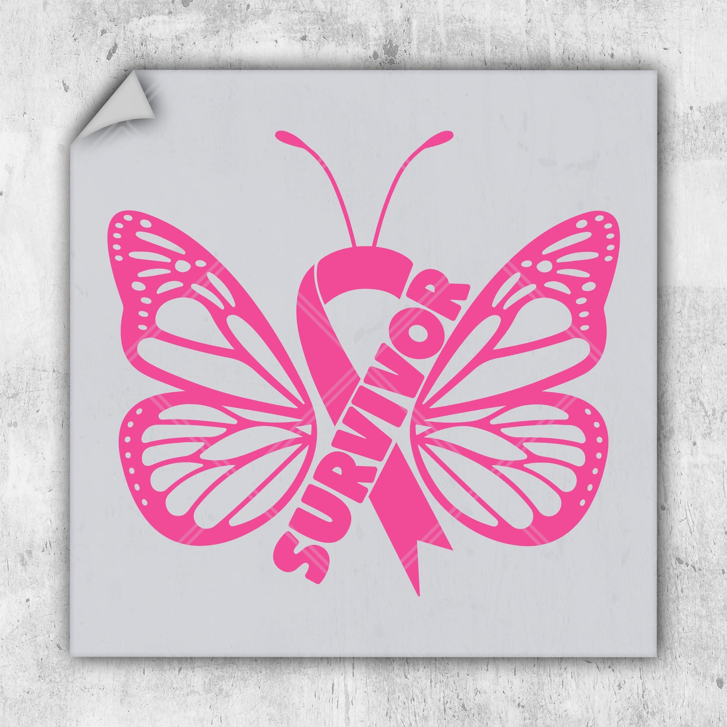 a pink butterfly with the word breast cancer on it