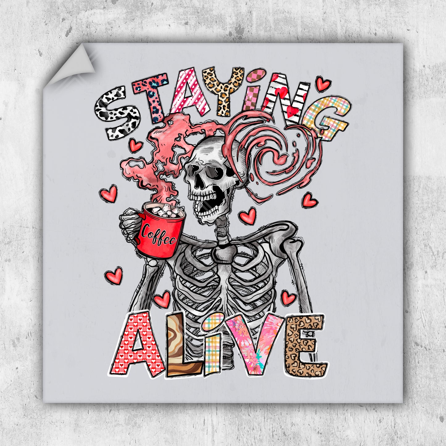 a sticker with a skeleton holding a cup of coffee