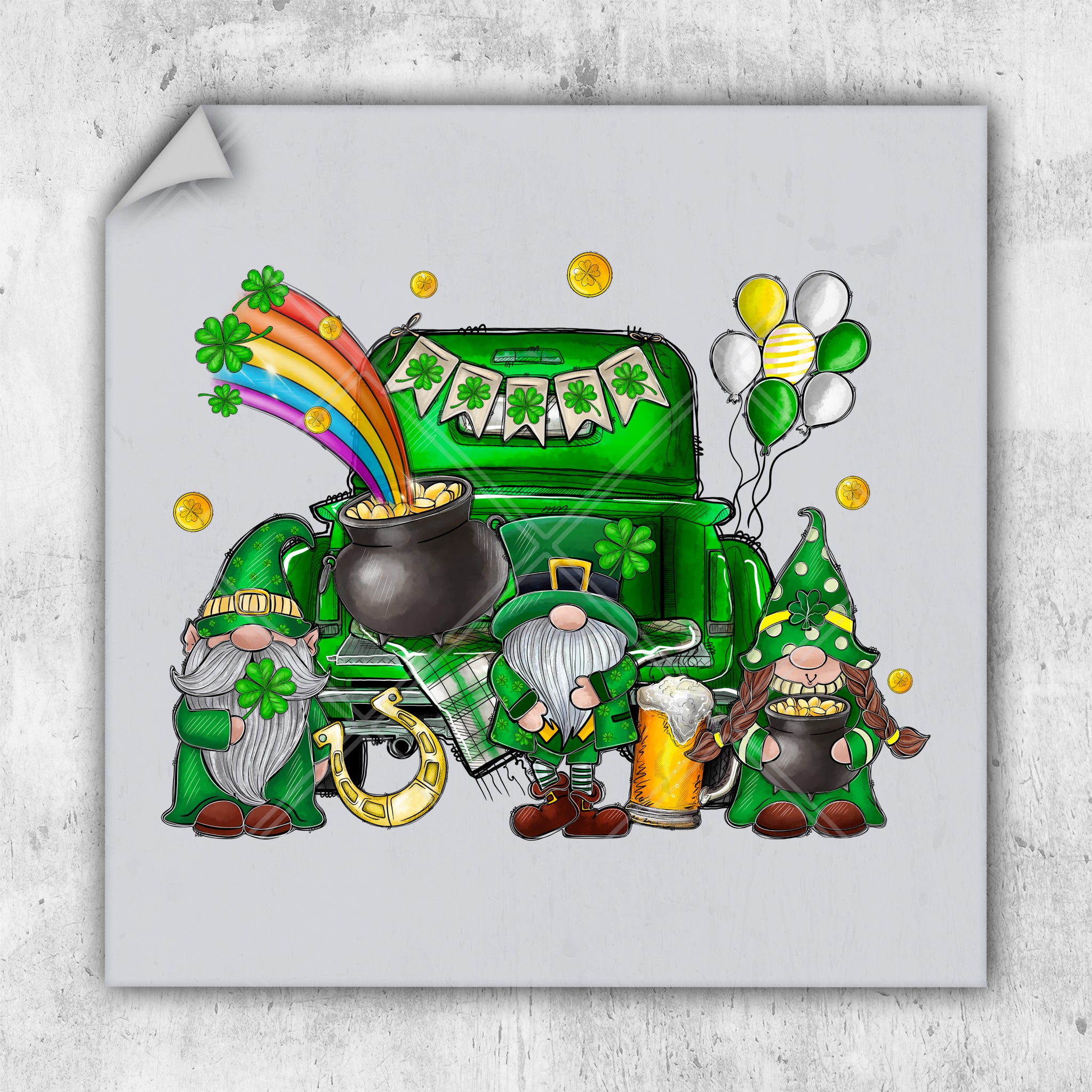 a st patrick's day car with lepreite, pot of gold,