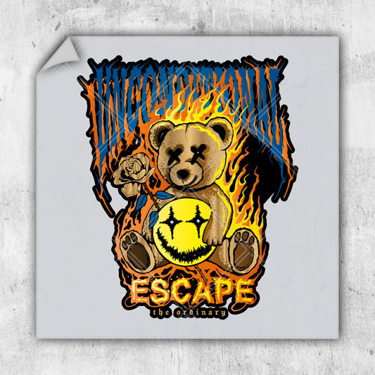 a sticker of a teddy bear sitting in front of a fire