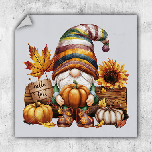 a painting of a gnome with a sign that says hello fall