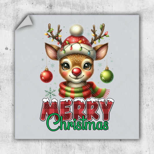 a christmas card with a reindeer wearing a santa hat