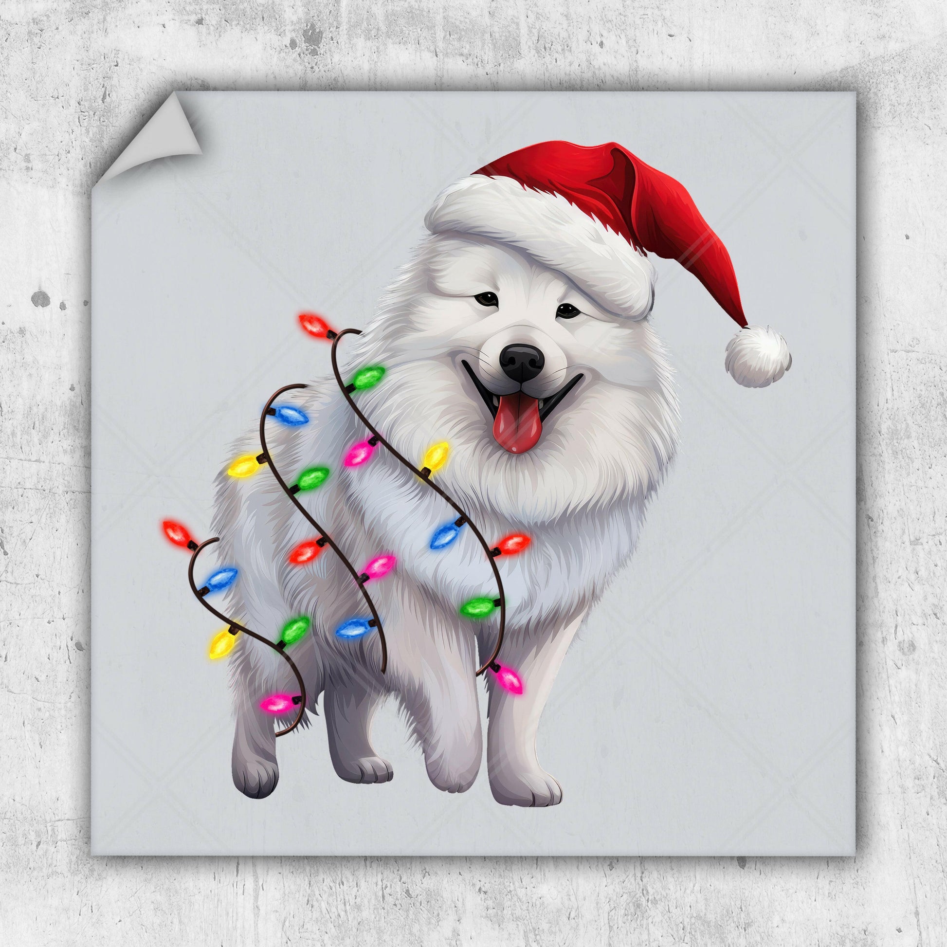 a white dog wearing a santa hat with christmas lights