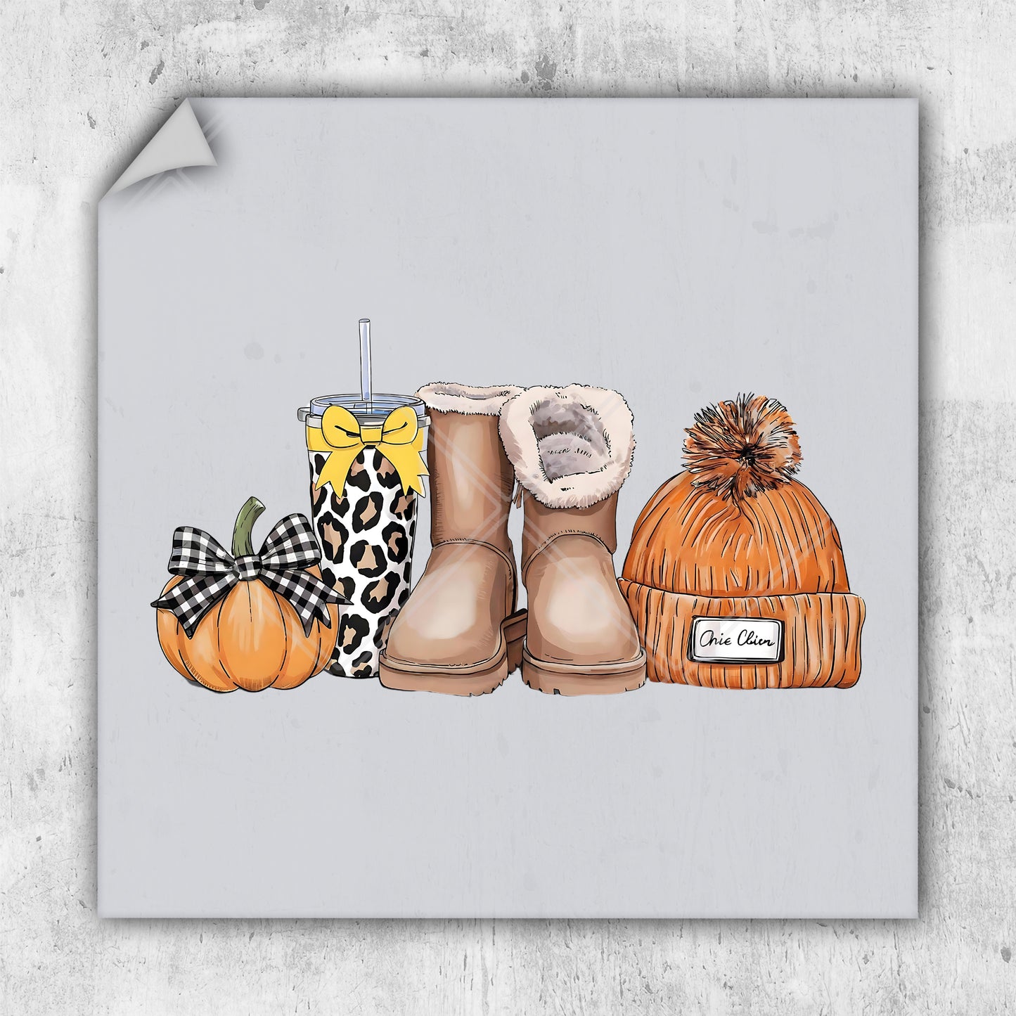 a watercolor painting of boots, hats, and pumpkins