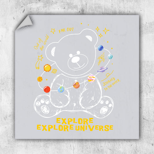 a drawing of a teddy bear with the words explore the universe