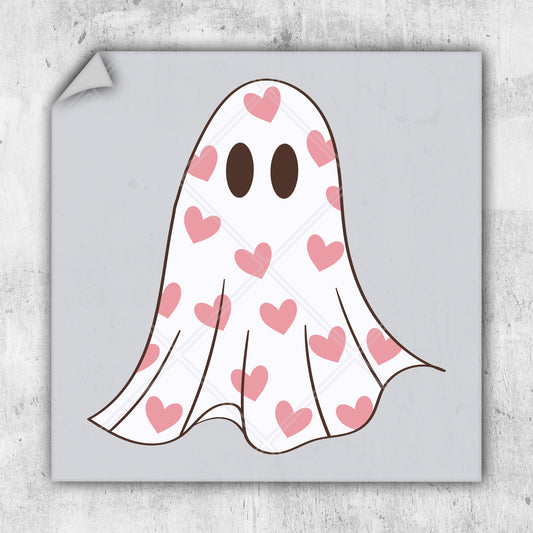 a sticker of a ghost with hearts on it