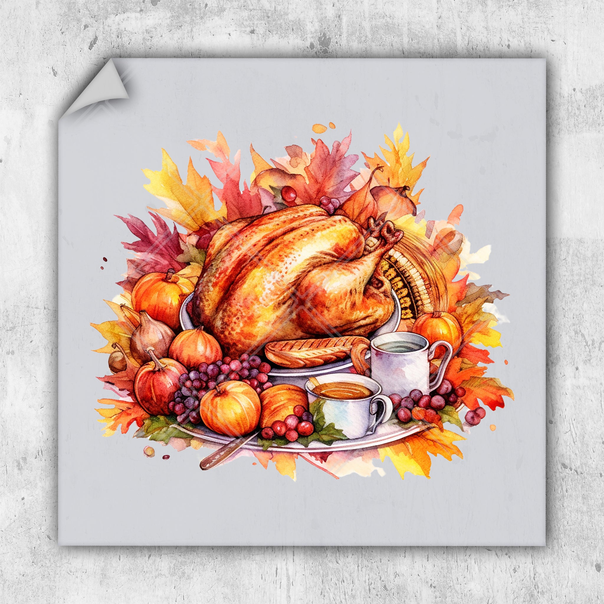 a painting of a turkey on a platter surrounded by autumn leaves