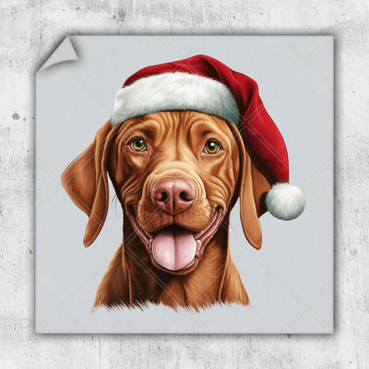 a brown dog wearing a santa hat