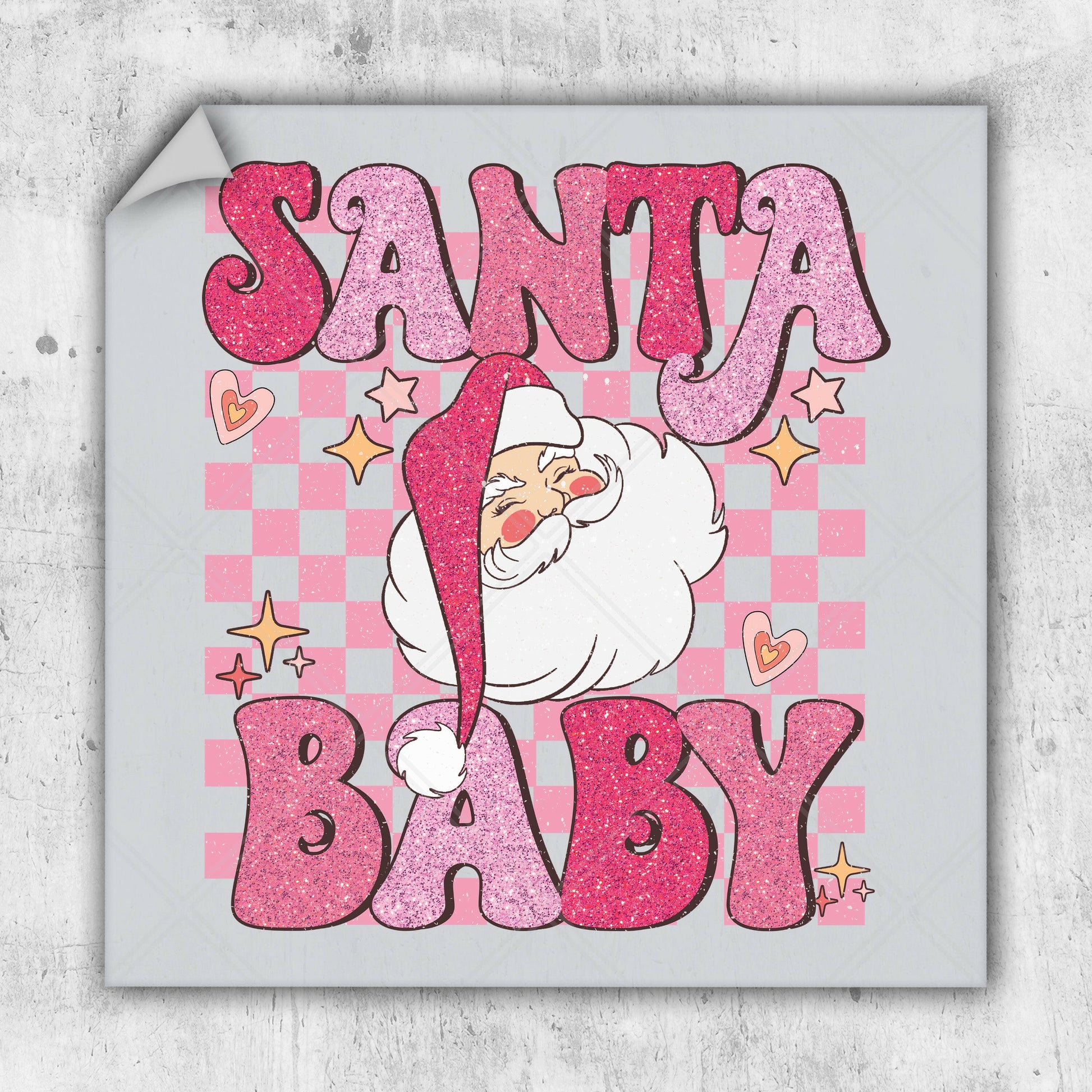 a santa baby sign with pink glitter on it