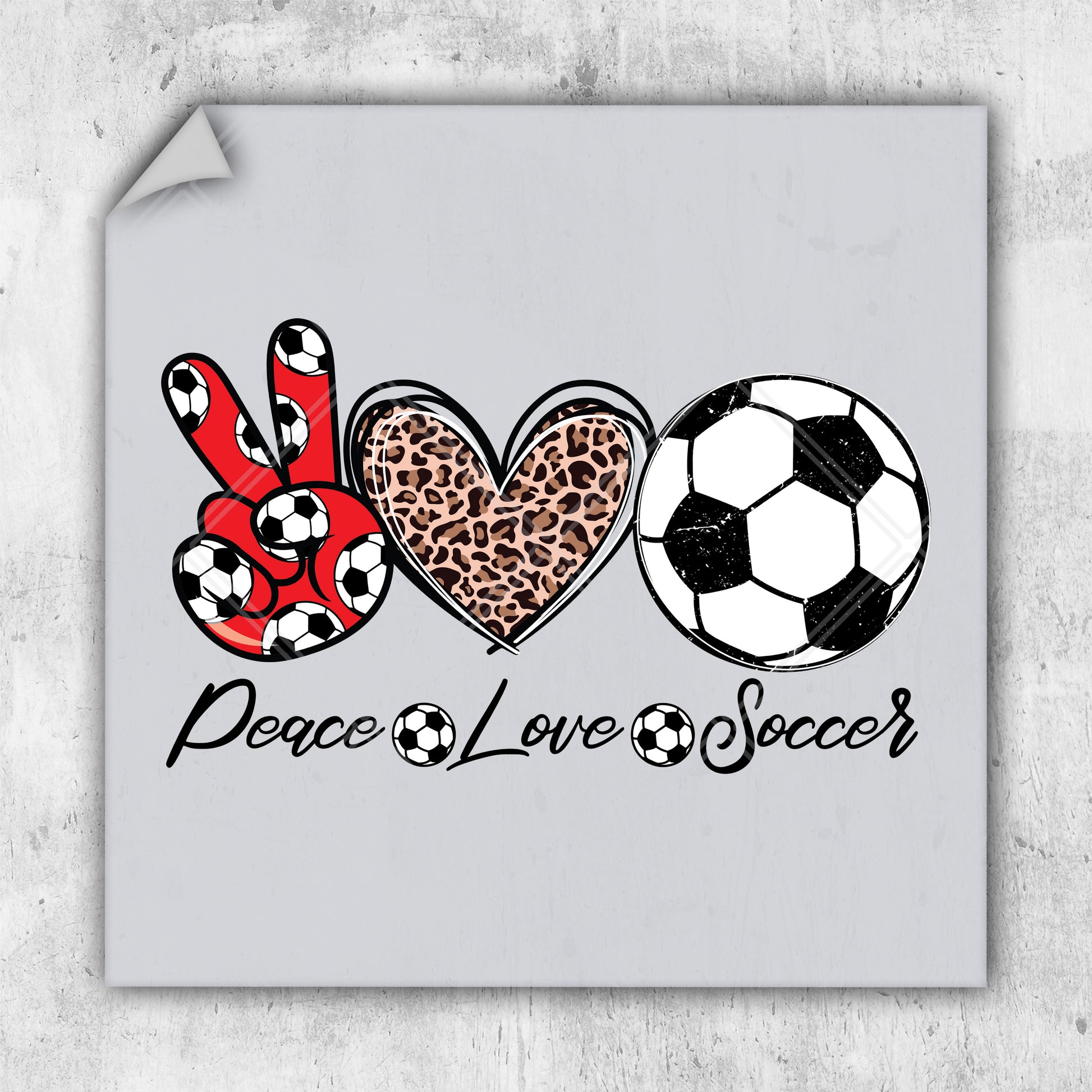 a picture of a soccer ball and glove with peace love soccer written on it