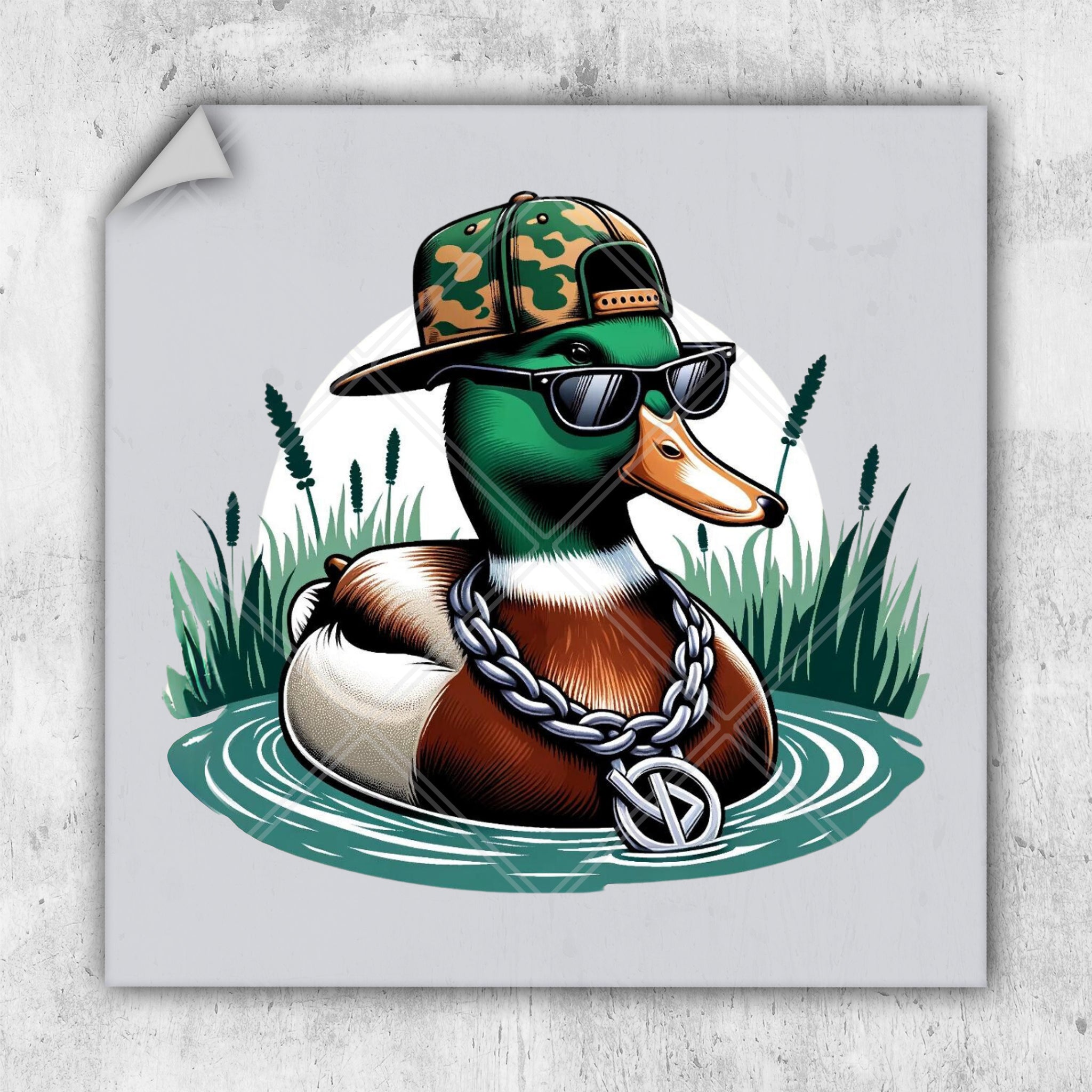 a duck wearing a baseball cap and sunglasses