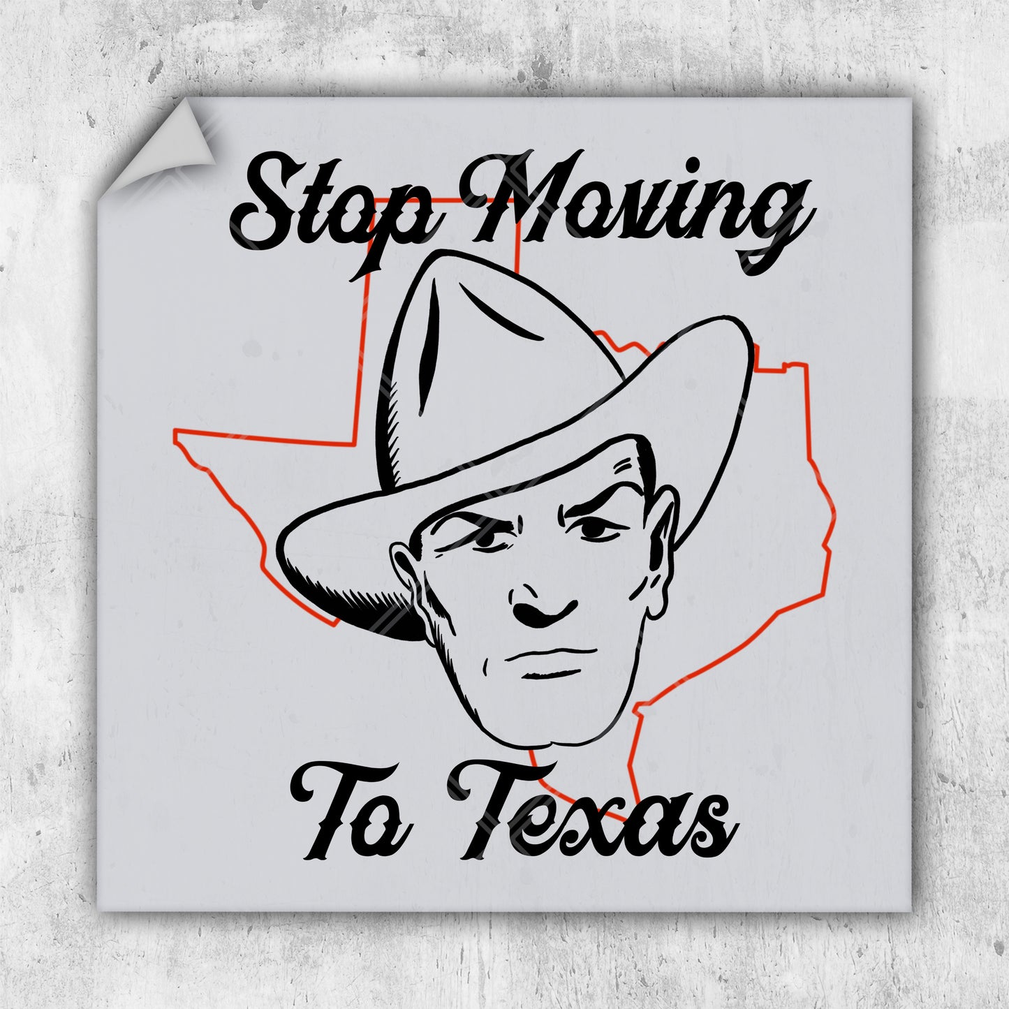 a sticker with a picture of a man wearing a cowboy hat