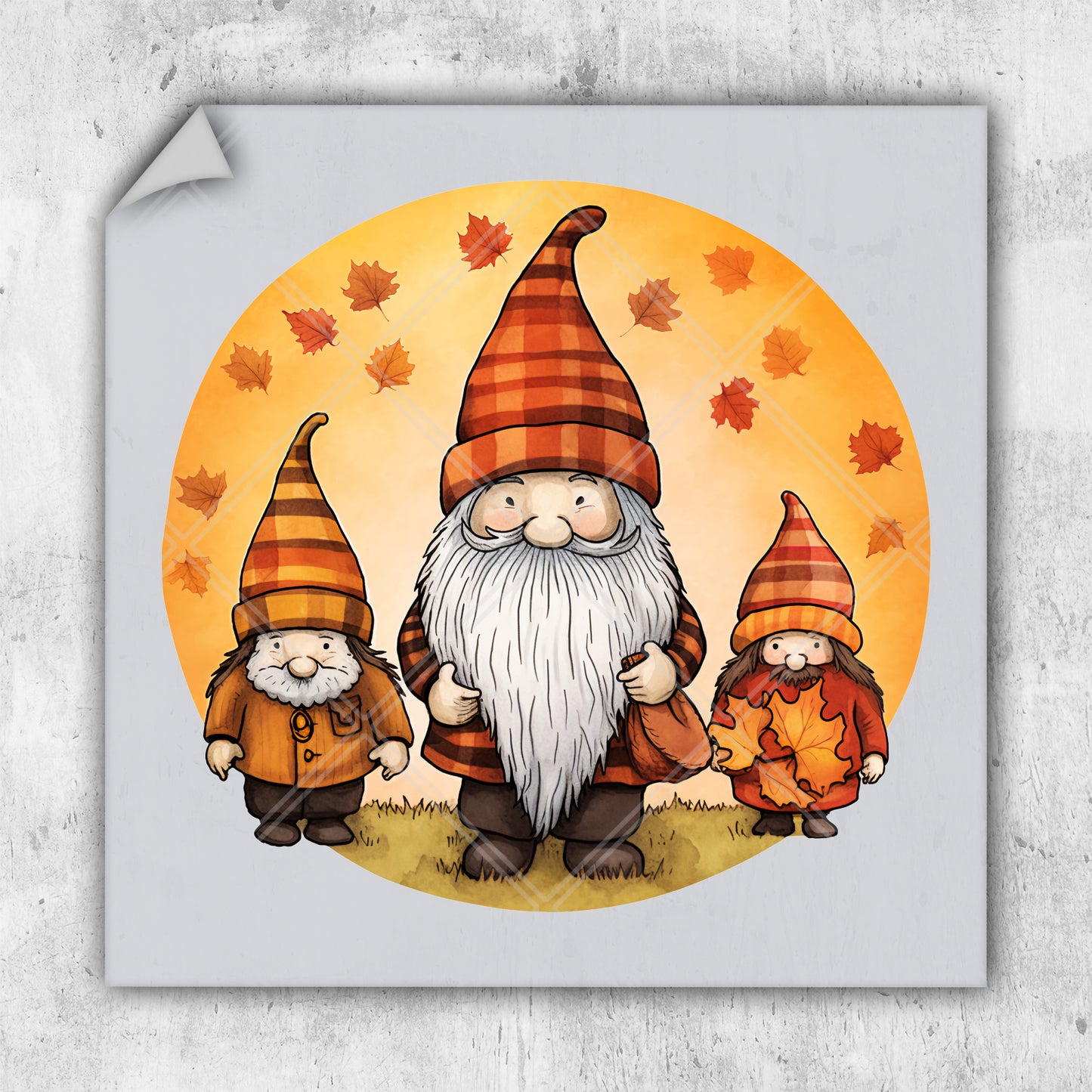 a painting of three gnomes with autumn leaves