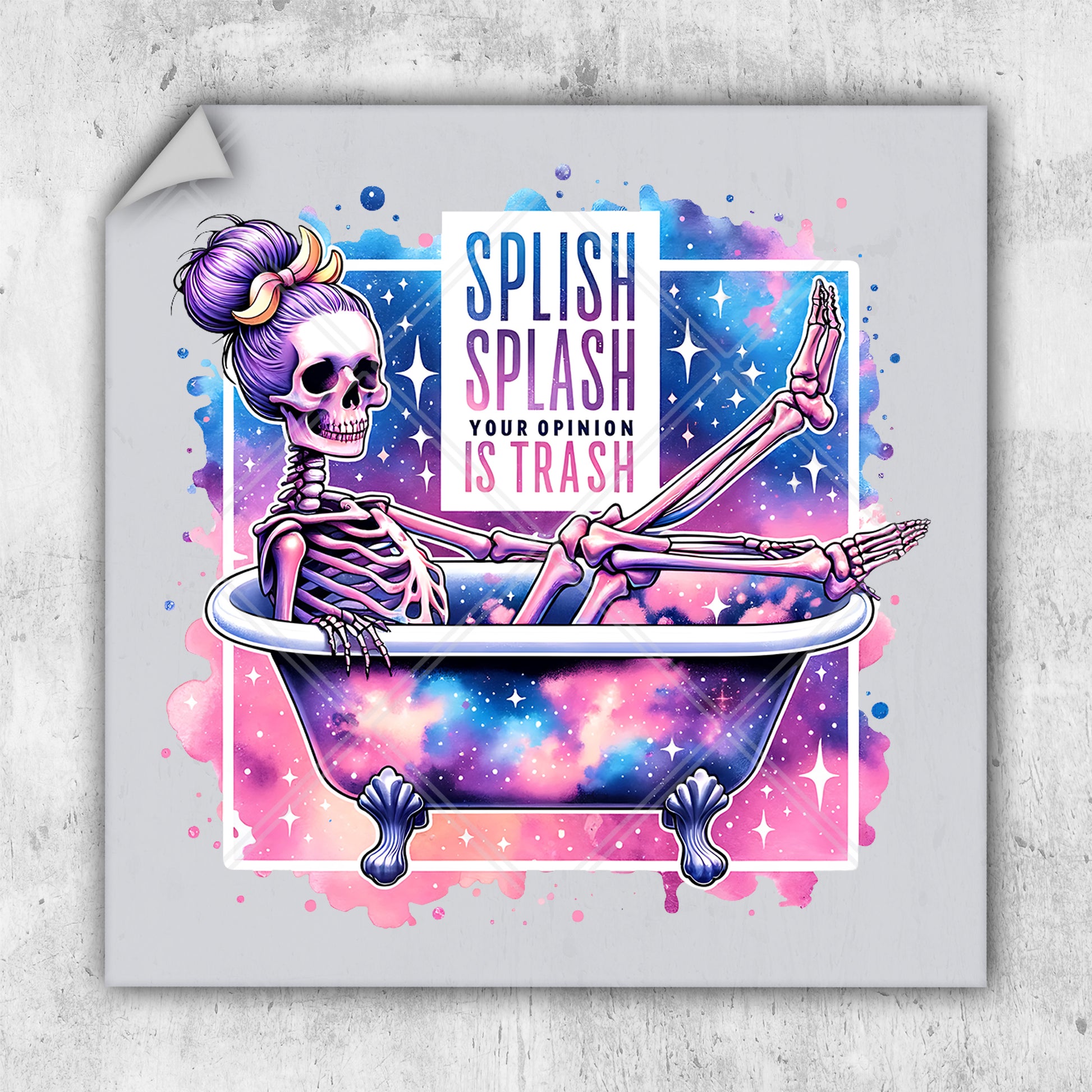 a sticker of a skeleton in a bathtub