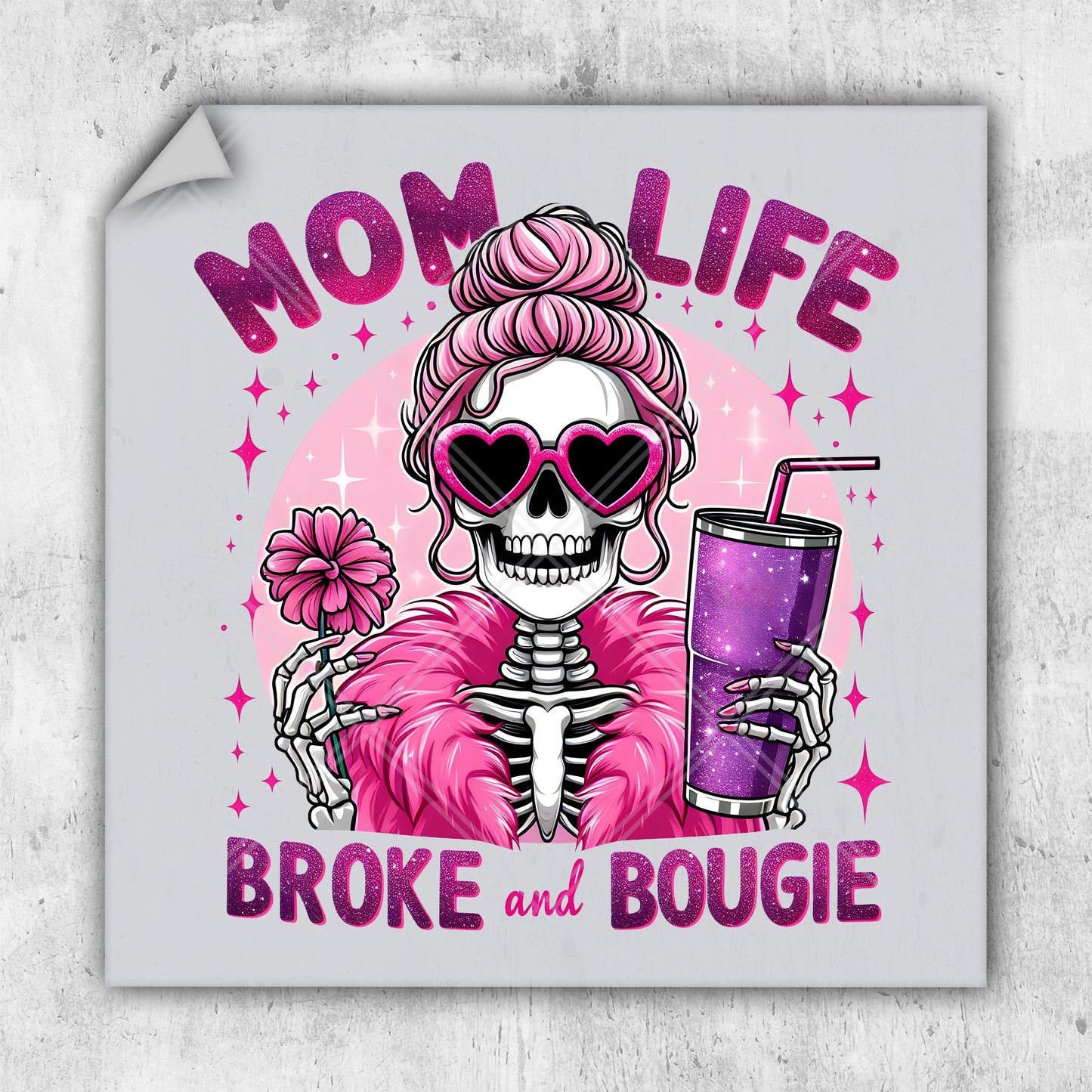 a sticker with a skeleton holding a drink