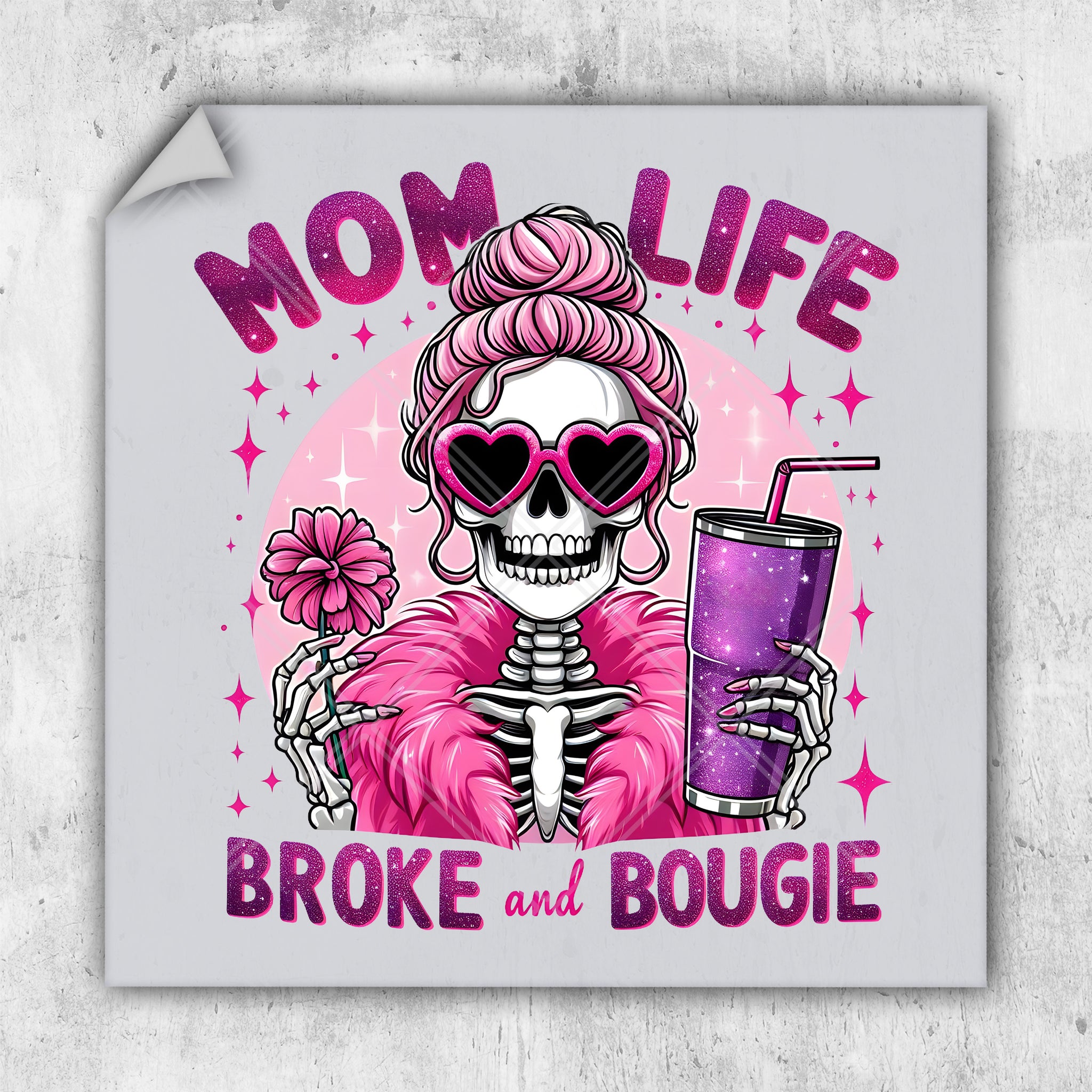 a sticker with a skeleton holding a drink