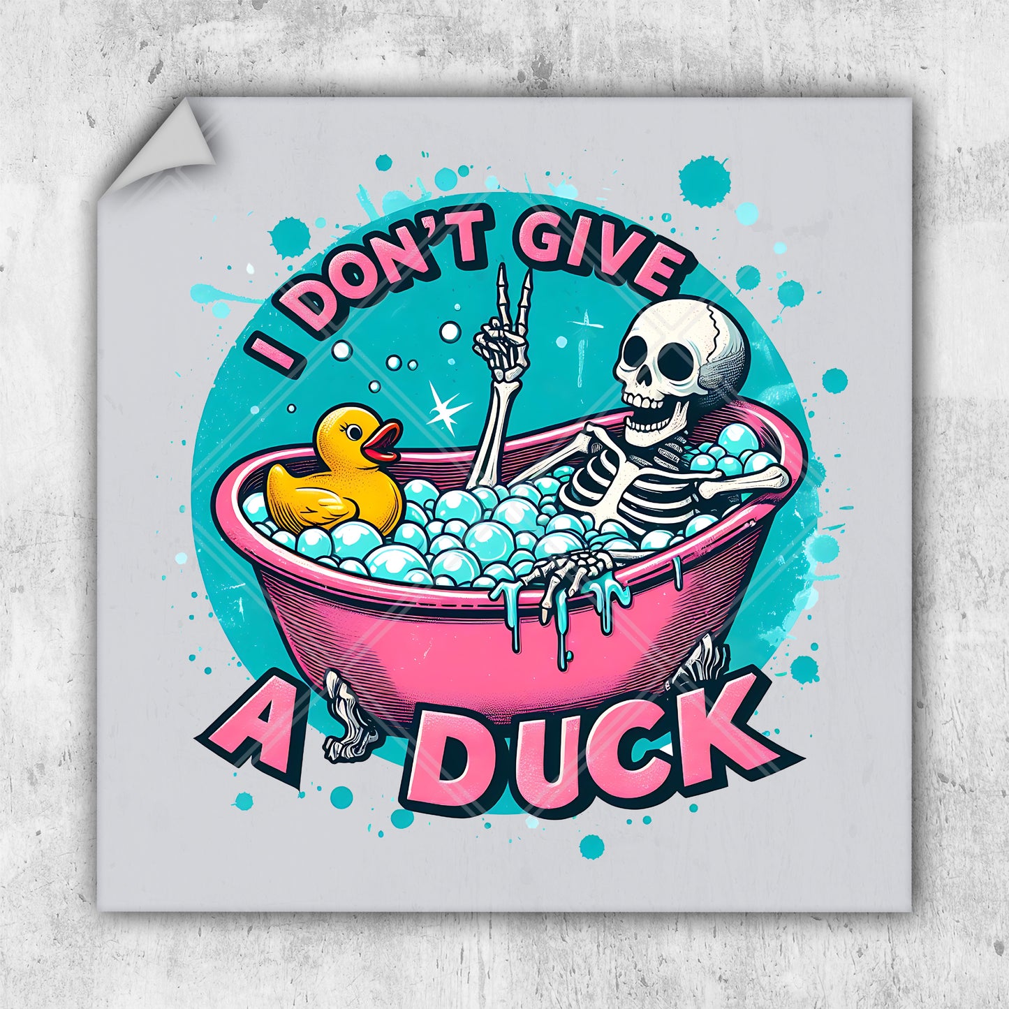 a sticker with a skeleton in a bathtub with a rubber duck