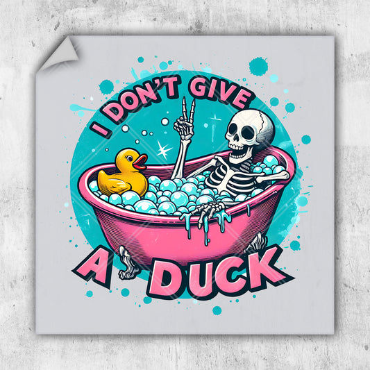 a sticker with a skeleton in a bathtub with a rubber duck