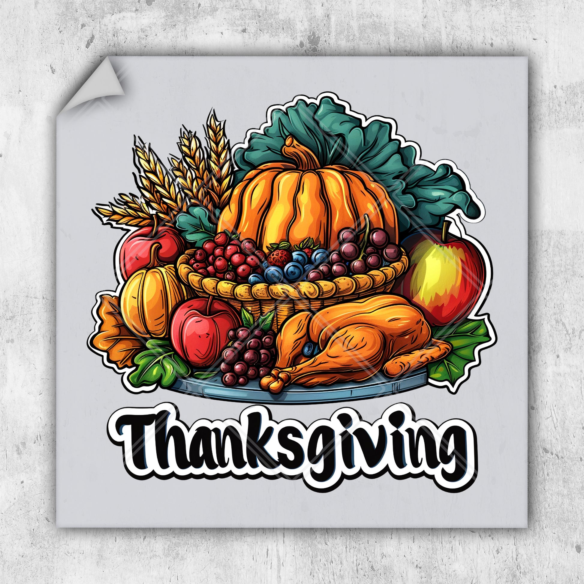 a thanksgiving sticker with a turkey and a basket of fruit